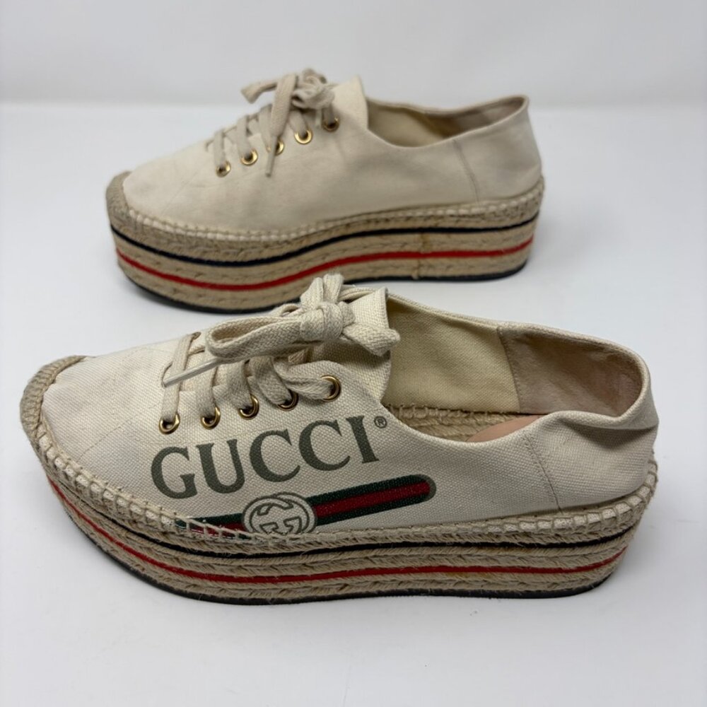 GUCCI Espadrille Sneaker Womens 38.5 / 8.5 US GUCCI Logo Prints Platform Wedge - Picture 4 of 15